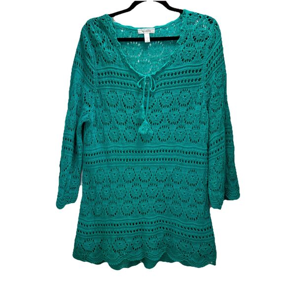 Dressbarn 1X Crochet Knit Teal Top 100%‎ Cotton 3/4 Sleeve Pullover Lightweight - Picture 1 of 9